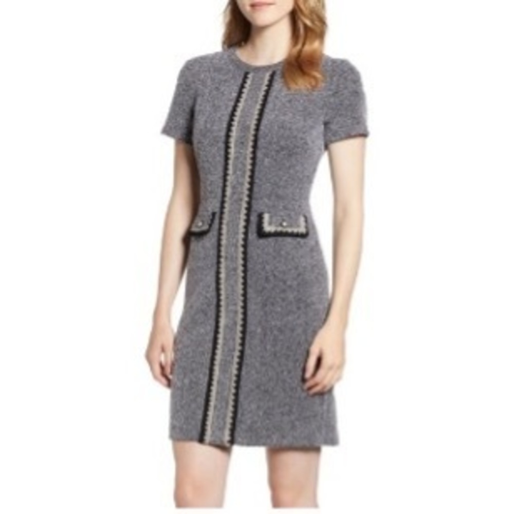 Karl‎ Lagerfeld Black/Gray/Tan Tweed Crochet Detail Short Sleeve Dress Size 10